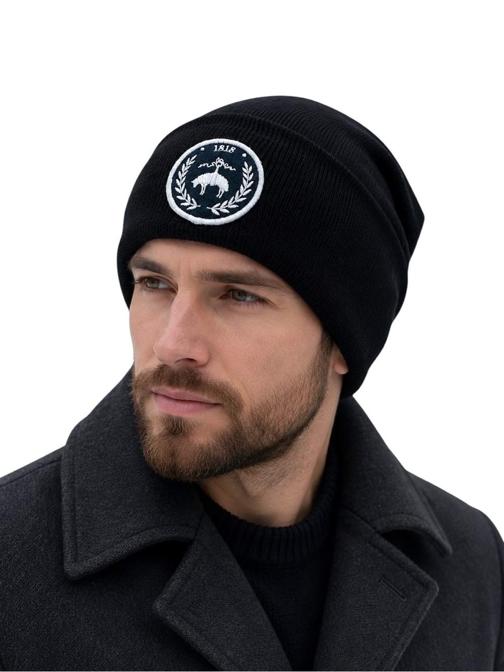 Brooks Brothers Men’s Black Merino Wool Blend Crest Slouch Beanie NWOT O/S